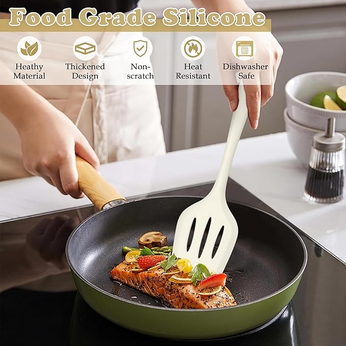 LIANYU 14 Pcs Kitchen Utensils Set with Holder, Silicone Cooking Utensils Spatula Set, Heat Resistant Cookware Tools Includes Spoon Turner Whisk Tong, Dishwasher safe, Cream White