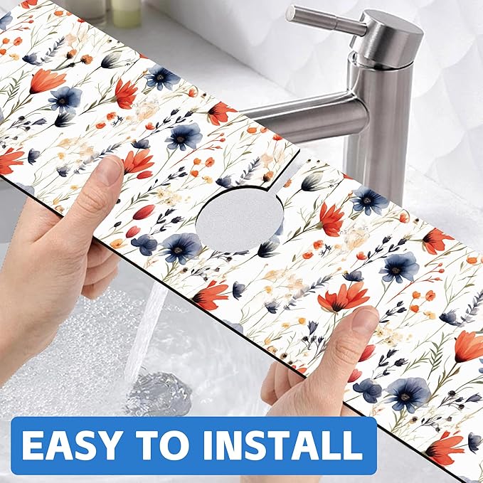 Watercolor Red and Blue Flowers Sink Faucet Absorbing Mat Sink Splash Guard Faucet Mat Draining Mat Fast Drying Sink Protectors for Kitchen and Bathroom 5.5"×24"