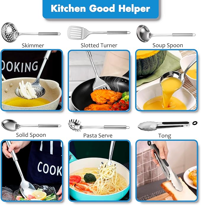 Cooking Utensils Set 11pcs - Stainless Steel Kitchen Utensils Set with Holder, Heat Resistant Kitchen Utensils Sets for Cooking with Turners, Potato Masher, Skimmer, Spoons, Ladle, Tongs, Whisk