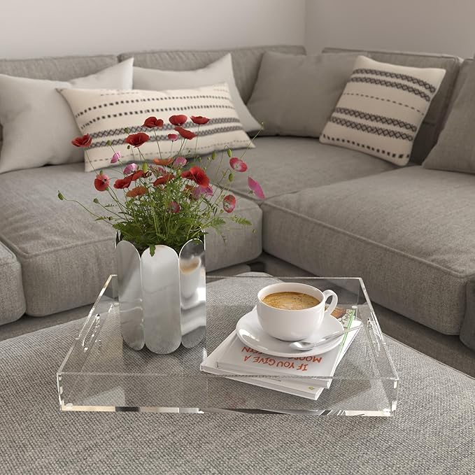ATZYmolin 16"x12" Large Acrylic Serving Tray Decorative Ottoman Coffee Table Vanity Tray Tea Fruit Platter Snack Appetizer Dessert Drink with Handles for Bar Kitchen Party, Clear