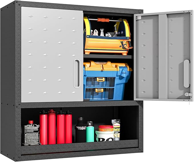 BIZOEIRON Metal Wall Cabinets with Doors and Shelves Black and Gray Garage Cabinets Wall Mounted Adjustable Storage Shelving Floating Garage Tool Cabinet,Wall Cabinet for Warehouse/Basement/Kitchen