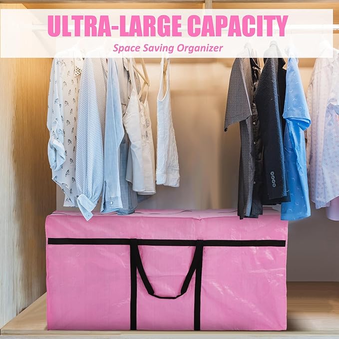Windyun 4 Pack 75 Gallon Extra Large Moving Bags XXL Heavy Duty Storage Bag with Strong Zipper Handle Jumbo Big Tote Box Foldable for College Dorm Travel Clothes Duffle Blanket Pillow(Pink)