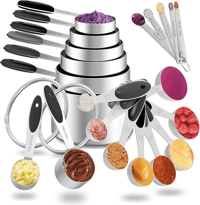 Minteem Measuring Cups and Spoons Set, 21 Pieces Stainless Steel Measuring Cups Measuring Spoons Set with Black Silicone Handle, Nesting Measuring Cup Spoon for Dry or Liquid Ingredients