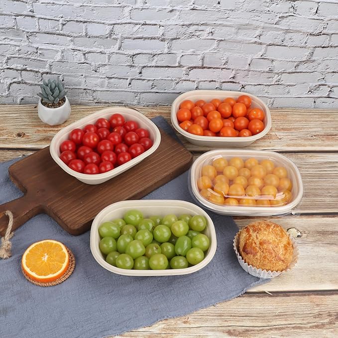 JAYEEY 20 oz Disposable salad bowls with lids, Sugarcane Fiber Paper Bowls take away Bagasse food containers meal prep deli container 50 Pack