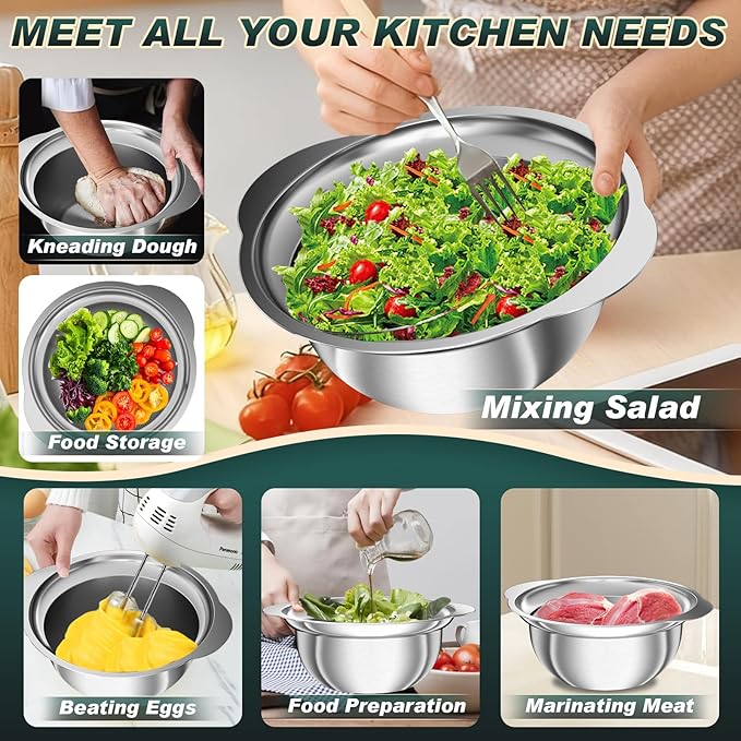 Stainless Steel Colanders with Mixing Bowl - 2.0QT & 2.0QT Strainer and Colander with Handle, 3.0QT Nesting Kitchen Bowl with Colander For Pasta, Vegetables, Fruit, Rice