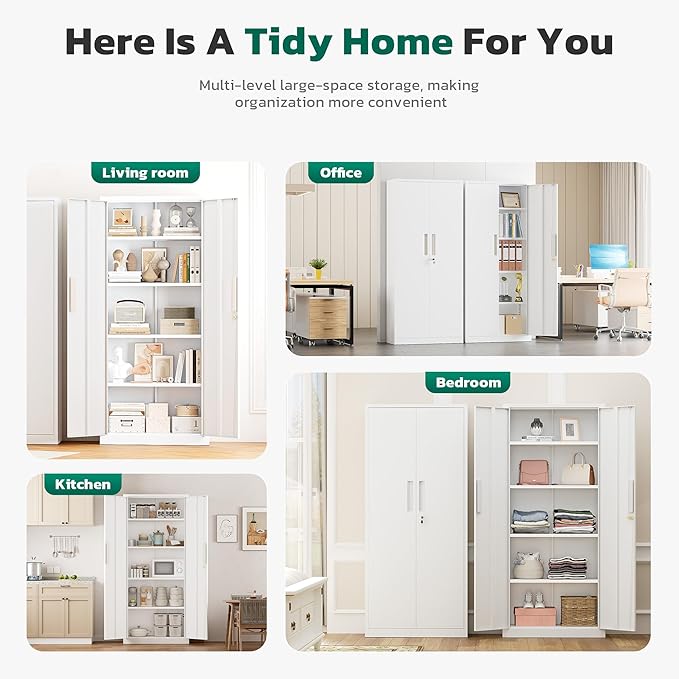 Greenvelly Metal Cabinet, 63”Tall Kitchen Pantry Storage Cabinets with 2 Lock Doors and 4 Adjustable Shelves,White Kitchen Cabinet Storage for Dinning Room,Garage,Office