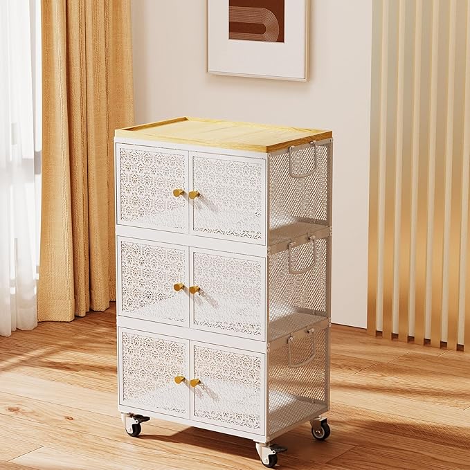 3 Tier Metal Storage Cabinet with wheels, Storage Bins with Magnetic Doors, Storage Cart for Living Room, Bedroom, Bathroom, Laundry, Kitchen