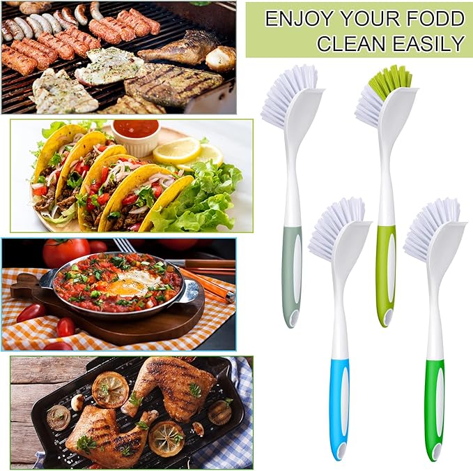 8 Pcs Dish Brush with Handle Kitchen Scrub Brush Pot and Pan Cleaning Brush Dish Scrubber with Stiff Bristle for Cookware Sink Washing Household, 4 Colors, 9.84 x 3.15 x 0.98 Inch
