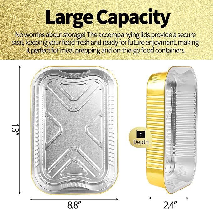 15 Pack 9x13 Gold Aluminum Foil Pans with Lids Heavy Duty, 13"×9"×2.4" Foil Food Containers with Lids, Disposable Tin Foil Pans for Baking, Meal Prep, Freezer, Heating and Takeout