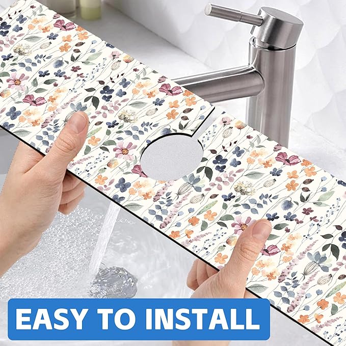 Vintage Watercolor Floral Kitchen Sink Splash Guard Mat Absorbent Fast Drying Mat Faucet Draining Mat Sink Splash Guard Behind Faucet Drip Catcher for Kitchen Bathroom 5.5"×24"