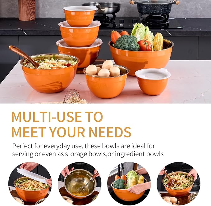 Onlycooker Orange Mixing Bowls With Airtight Lids,Stainless Steel Bowl,Salad Bowls 7 Piece Colorful Nesting Bowl Orange Kitchen Accessories,Size 7,3.6,2.7,2.1,1.5,1.1,0.8QT Stackable Design