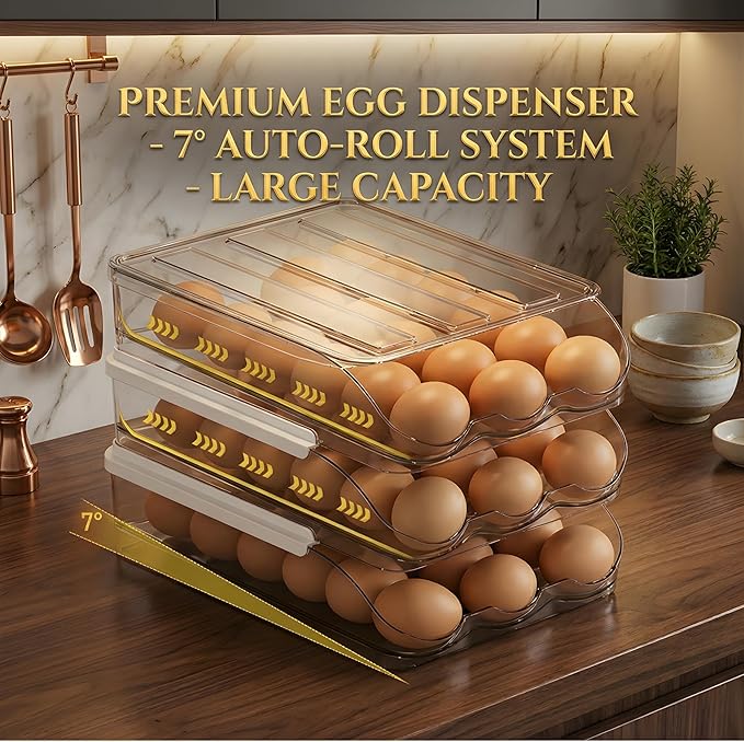 Egg Holder for Fridge, Automatic Rolling Egg Organizer, Clear Plastic Stackable Egg Container with Lid, Space-Saving Refrigerator Egg Dispenser Tray, 2-Tier Design