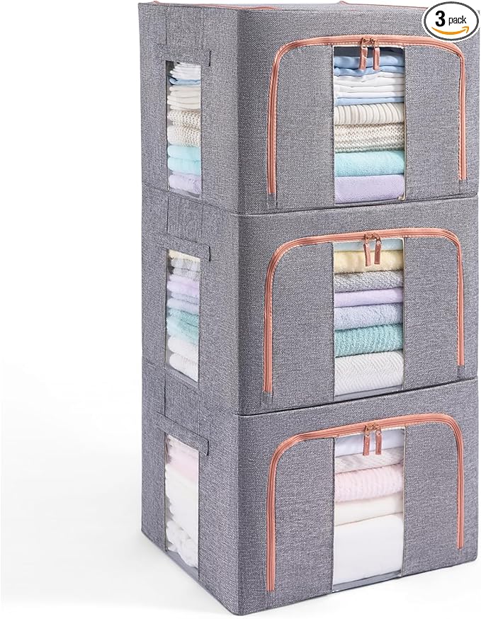 GuliPostan 3 Pack 66L Stackable Clothes Storage Bins with Metal Frame Handles & Zipper, Collapsible Closet Organizer Box with Lid for Bedding Blankets Towel (Grey)
