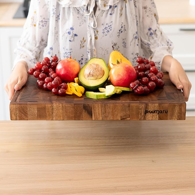 SHUMARU Tropical Walnut End-Grain Wood Cutting Board – 19X12X2" Butcher Block | Handmade in Bali - Silky-Smooth, Juice Groove, Knife‑Friendly, Ergonomic Grips & Non‑Slip Feet