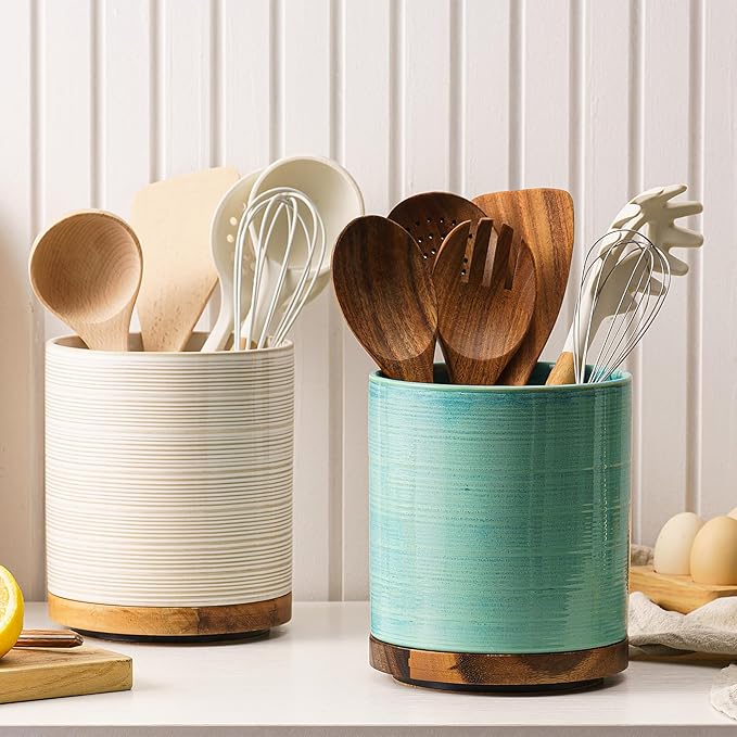 MIKIGEY Utensil Holder, 360° Rotating Extra Large Ceramic Kitchen Utensil Holder for Countertop, Cooking Utensil Crocks for Counter with Rotatable Wooden Base, Farmhouse Kitchen Decor, Green