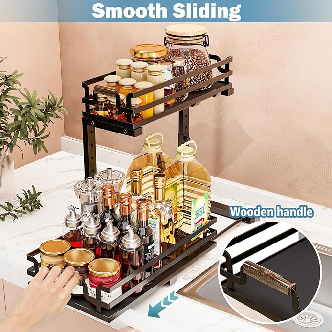 BXINREDA Under Sink Organizers, 2 Tier Slide Out Under Sink Organizers, Under Sink Storage for Bathroom Kitchen (1 Pack)
