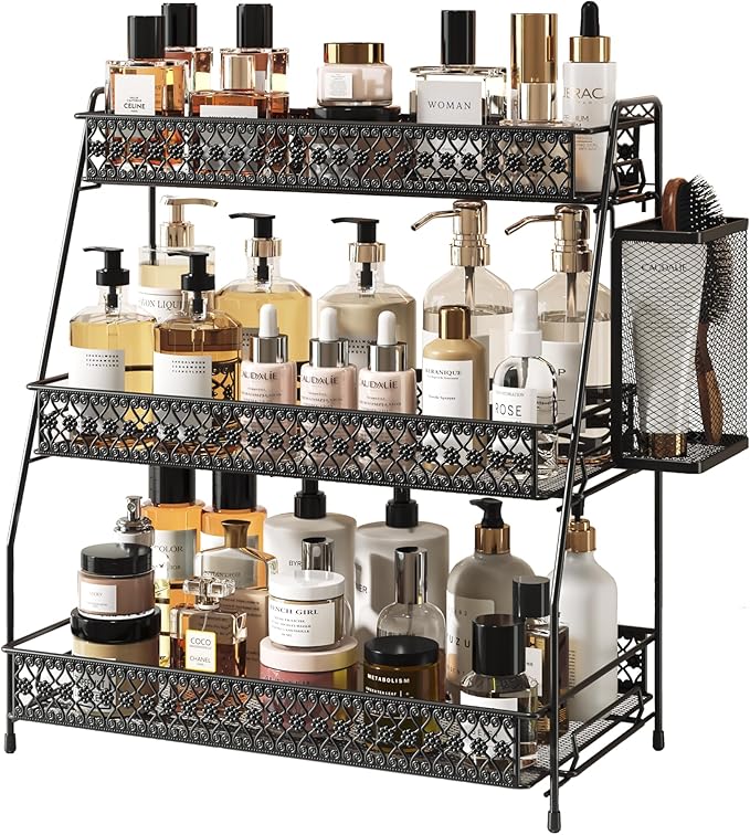 SILUB Vintage 3 Tier Spice Rack Organizer for Kitchen Counter, Bathroom Counter Organizer with Bonus Basket, 3 Tier Bathroom Counter Organizer for Spices Makeup Perfumes, Retro Countertop Organizer