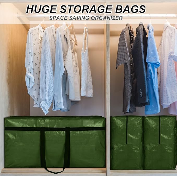 Windyun 4 Pack 69 Gallon Extra Large Moving Bags XXL Heavy Duty Storage Bag with Strong Zipper Handle Jumbo Big Tote Box Foldable for College Dorm Travel Clothes Duffle Blanket Pillow(Army Green)