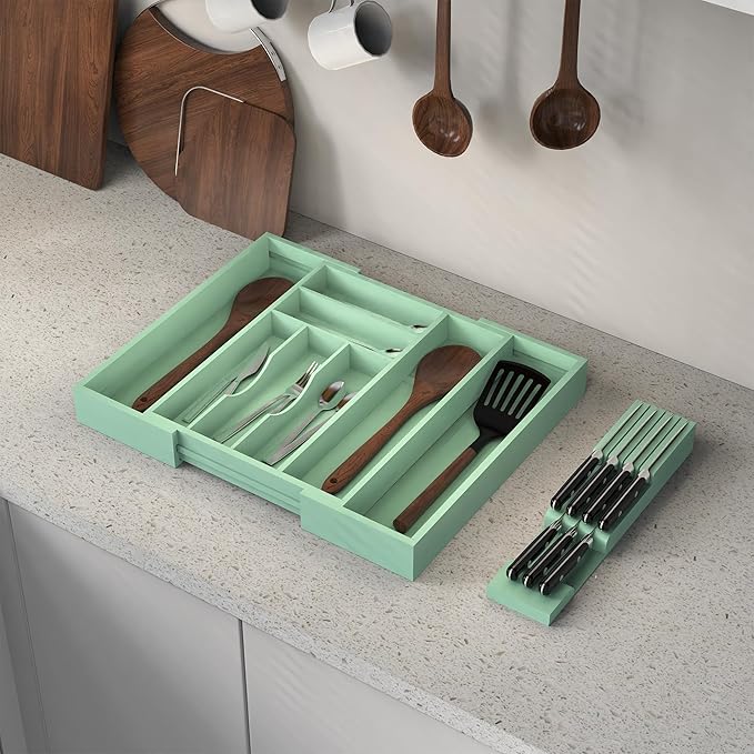 Thalomely Bamboo Kitchen Drawer Organizer, Expandable Silverware Organizer with Removable Knife Block, 6-8 Slots- Utensil Holder & Cutlery Tray Drawer Dividers, 2.36" Deep for Extra Capacity, Cyan
