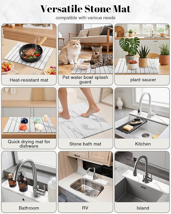 Set of 2 Large Stone Dish Drying Mat for Kitchen Counter + Faucet Mat for Kitchen Sink, Collapsible Fast Drying Diatomaceous Dish Mat, Stone Sink Splash Guard, Water Absorbing Stone Tray for Sink