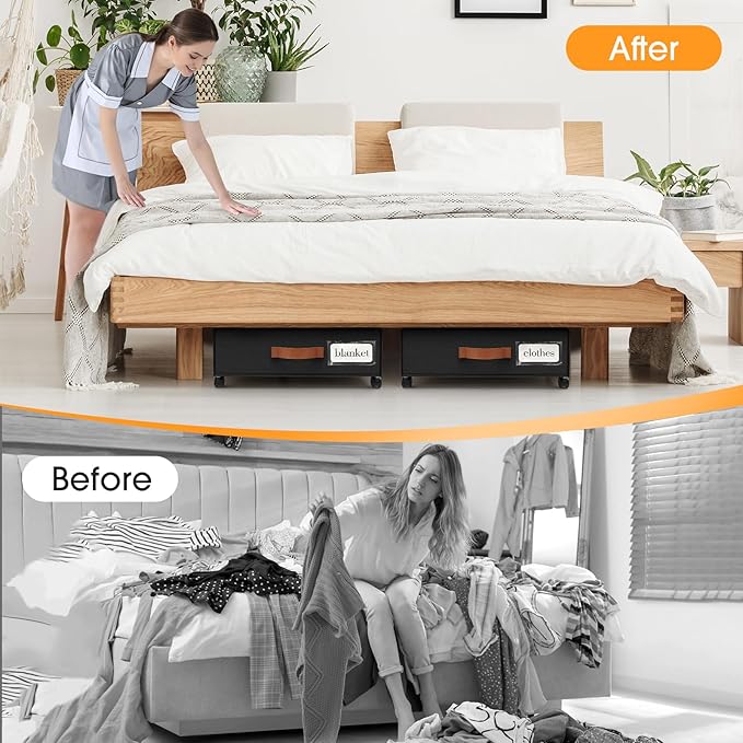 Under Bed Storage with Wheels 2Pack Storage Containers with Clear Window&Label Under Bed Drawers Rolling Under Bed Storage for Clothes,Shoes, Blankets (30.71 x 16.93 x 6.69 in, Black)