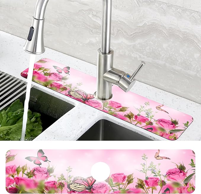 Pink Rose Bouquet Butterfly Kitchen Sink Splash Guard Mat Absorbent Fast Drying Mat Faucet Draining Mat Sink Splash Guard Behind Faucet Drip Catcher for Kitchen Bathroom 5.5"×24"