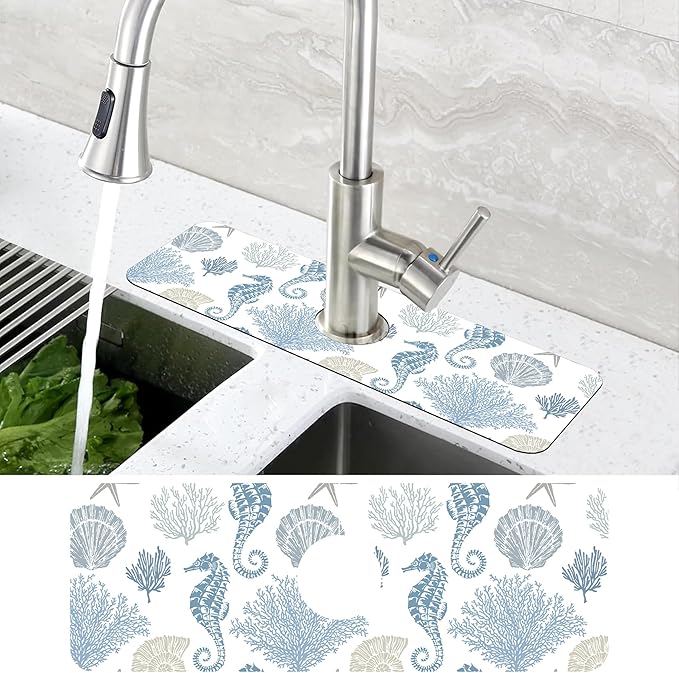 Marine Seashell Seahorse Coral Kitchen Sink Splash Guard Mat Absorbent Fast Drying Mat Faucet Draining Mat Sink Splash Guard Behind Faucet Drip Catcher for Kitchen Bathroom 5.5"×15"