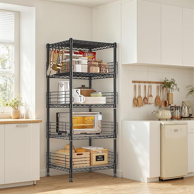 5 Tier Metal Shelving Unit Storage Shelves With Shelf Linker,Adjustable Pantry Shelves Wire Shelving with Hooks,Metal Shelf with Side Blockers for Kitchen,Closet,Office,Laundry,18.1''Wx18.1''Dx59''H