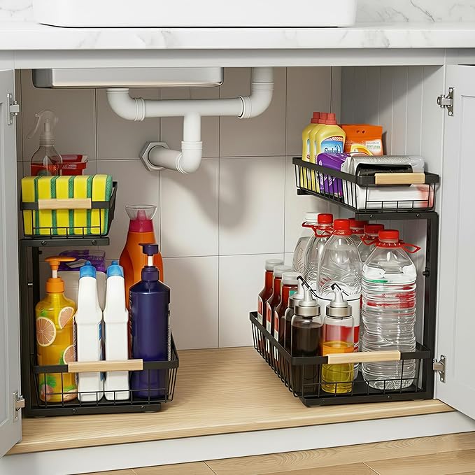 whalenoble Under Sink Organizer, 2 Tier Pull Out Cabinet Organizers and Storage for Kitchen Bathroom Pantry Laundry, Adjustable Height, Slide Out Thickened Metal Storage Shelf (Black, 1 Pack)