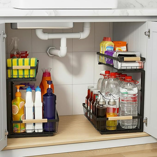 whalenoble Under Sink Organizer, 2 Tier Pull Out Cabinet Organizers and Storage for Kitchen Bathroom Pantry Laundry, Adjustable Height, Slide Out Thickened Metal Storage Shelf (Black, 1 Pack)