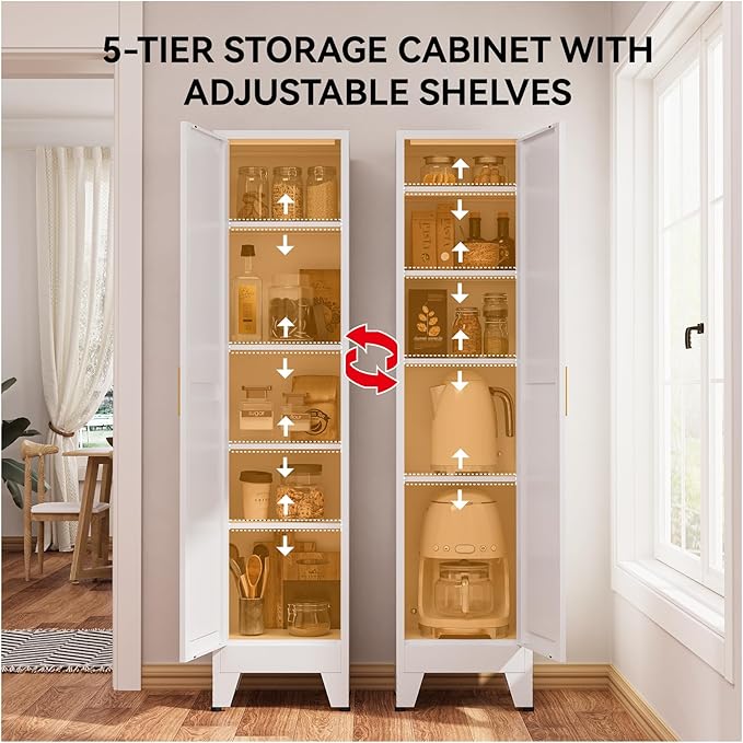 YNIQUESTLE 67" Tall Storage Cabinet with Reversible Doors and Adjustable Shelves,Metal Slim Freestanding Cabinets for Bathroom Kitchen Garage Small Spaces,White