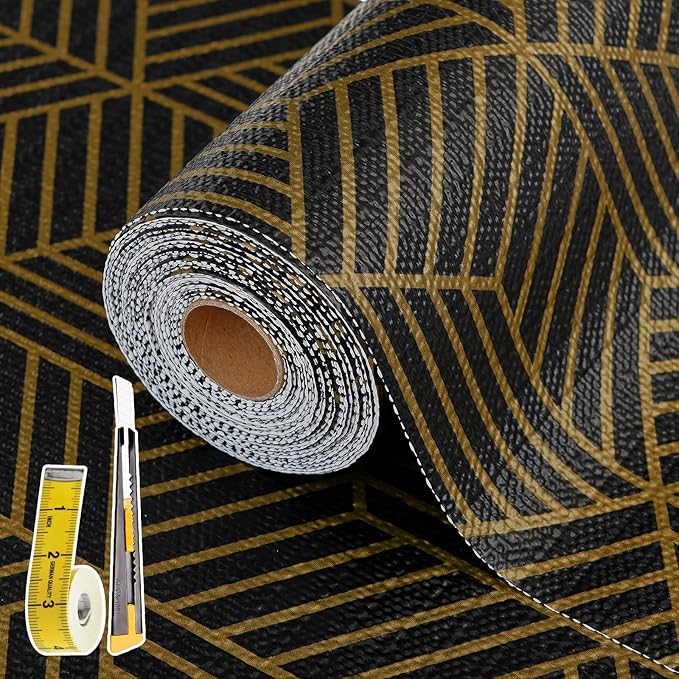 Shelf Liners for Kitchen Cabinets 23in x 20FT, Non Adhesive Cabinet Liner Strong Non-Slip Black Gold Geometric Drawer Liner, Easy to Clean for Shelf, Cabinet with Knife and Tape Measure