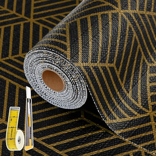 Shelf Liners for Kitchen Cabinets 23in x 20FT, Non Adhesive Cabinet Liner Strong Non-Slip Black Gold Geometric Drawer Liner, Easy to Clean for Shelf, Cabinet with Knife and Tape Measure