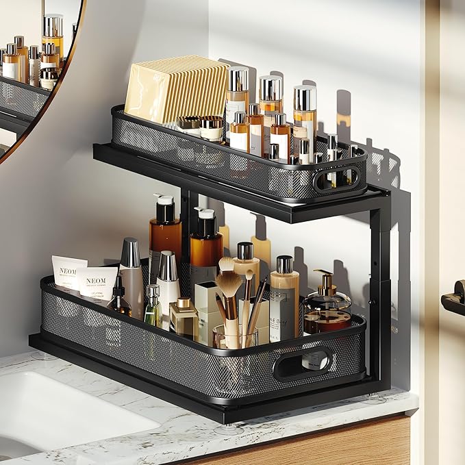 Biboraya 2-Pack 18.5 IN Depth Under Sink Organizer With Next-Gen Ball-Bearing Slides,Sophisticated Mesh 2-Tier Pull Out Shelf for Kitchen & Bathroom,Fits Small Items-Black