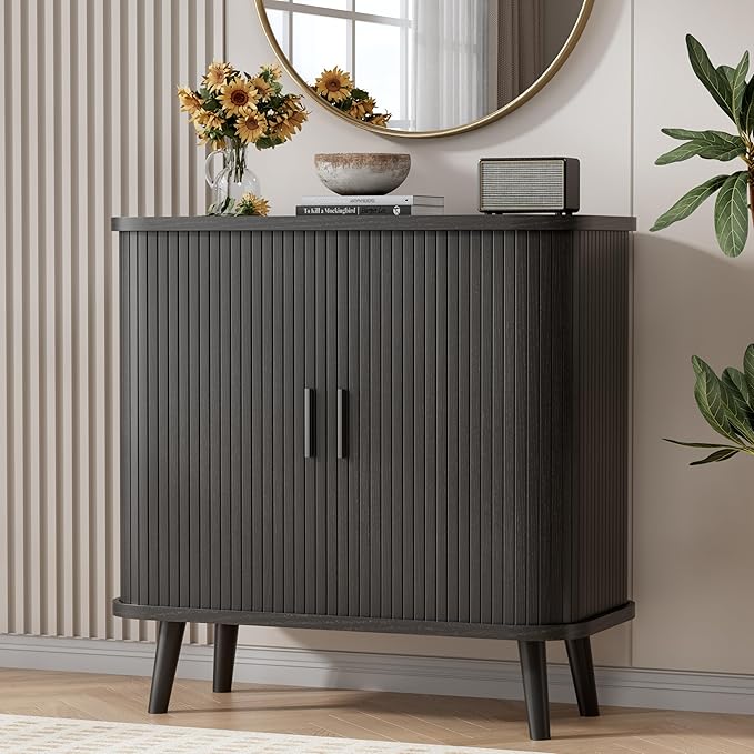 BORNOON Buffet Cabinet with Storage, Curved-Edge Fluted Storage Cabinet Sideboard, Modern Black Sideboard Buffet with Adjustable Shelves & Sliding Door for Dining Room, Kitchen, Entryway