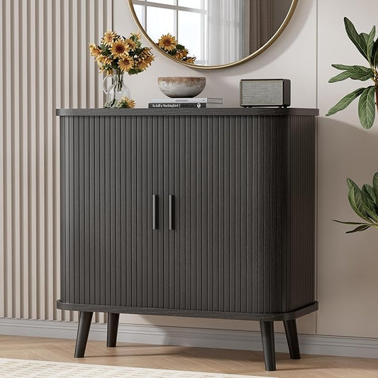 BORNOON Buffet Cabinet with Storage, Curved-Edge Fluted Storage Cabinet Sideboard, Modern Black Sideboard Buffet with Adjustable Shelves & Sliding Door for Dining Room, Kitchen, Entryway