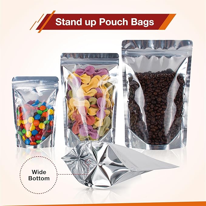 BELLE KR® 5x8 Mylar Bags with Window Stand Up - Pack Of 100, 7.5mil Thick - Clear Front Pint Mylar Bags for Food Storage and Freeze Dried Candy - Bonus Labels Included