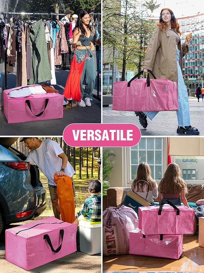 WORKPRO 4 Pack Extra Large Moving Bags with Zippers & Carrying Handles Backpack Straps, Heavy-Duty Storage Tote for Space Saving Moving Storage (Pink)