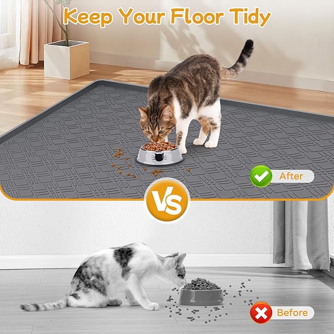 Lanstics Cat Food Mat, 42" x 29" Large Silicone Mat Cat Feeding Mat with Raised Edge Non-Slip Pet Feeding Mat for Food and Water Bowl, Easy to Clean, Floor Protection (Dark Gray)