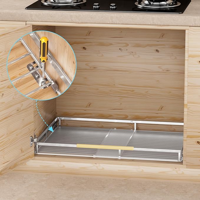 Pull Out Cabinet Organizers,Expandable Slide Out Wire Storage Drawers,Adjustable Width W:14.9”-25.9” x D:22.5”,2 packs of Stainless Steel Gliding Cupboard Wire Shelves for Pot and Pans,Chrome Plated