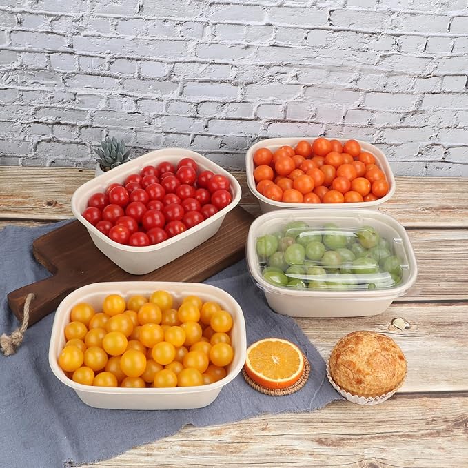 JAYEEY 44 oz Disposable salad bowls with lids, Sugarcane Fiber Paper Bowls take away food containers meal prep Plant Fiber deli container 50 Pack