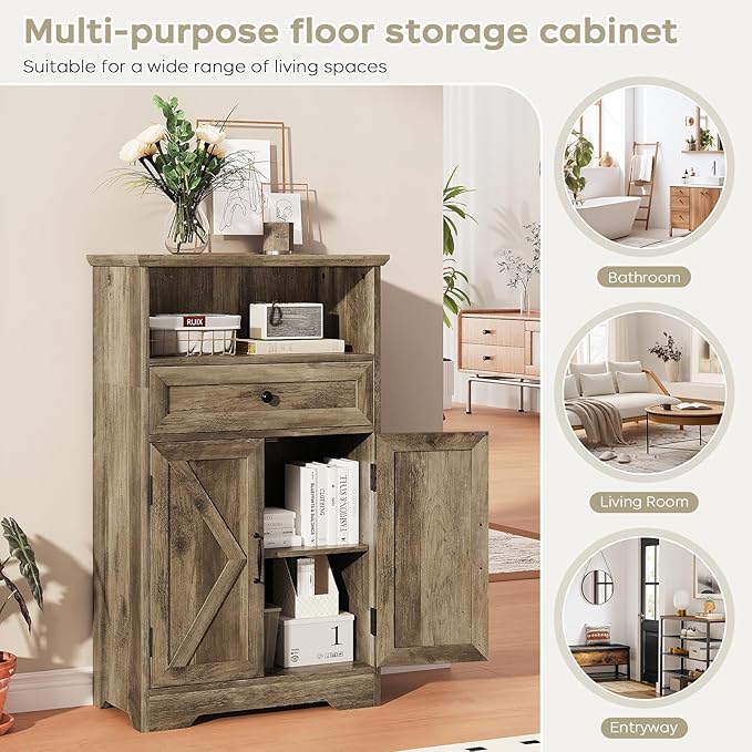 Viroformo Floor Cabinet, Farmhouse Storage Cabinet with Barn Doors and Drawer, 11.81" D x 23.62" W x 39.37" H Grey Freestanding Adjustable Shelf Organizer for Bathroom, Kitchen, Living Room