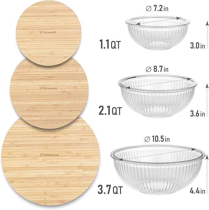dokaworld Stackable Space-Saving Nesting Set of 3 Glass Bowls with Bamboo Lids for Foodprep, Storage, Mixing & Cooking - Microwave & Oven Safe BPA Free Durable Heat Resistant Inert Borosilicate Glass