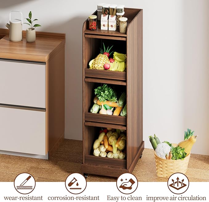 4 Tier Narrow Potato Storage Bin, Tall Wood Potato and Onion Storage Bin with Wheel, Movable Fruit and Vegetable Basket, Food Small Kitchen Pantry Cabinet, Wooden Bread Box, Walnut, Sliding Door