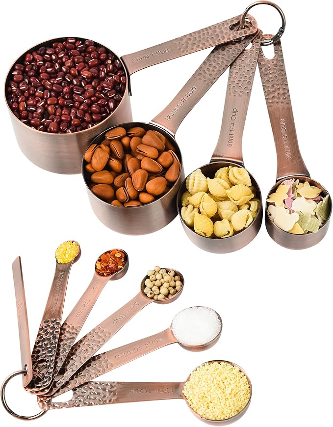 SUNMVEHOT Copper Measuring Cups and Spoons Set, Stainless Steel Measuring Tools Set for Baking & Kitchen, Metric & US 4 Copper Plated Measure Cups and 5 Measure Spoons with Leveler for Wet & Dry
