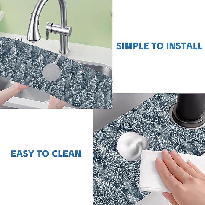 Christmas Forest Sink Faucet Absorbing Mat Pine Spruce Sink Splash Guard Faucet Mat Draining Mat Fast Drying Sink Protectors for Kitchen and Bathroom 5.5"×24"