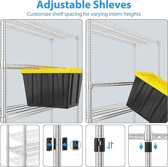 Homdox Heavy Duty Metal Shelves for Storage, 4 Tier Storage Racks and Shelving, Commercial Adjustable Wire Shelving Unit on Wheels, Garage Rack Pantry Shelves Kitchen Shelving, 18"x60"x72", Chrome