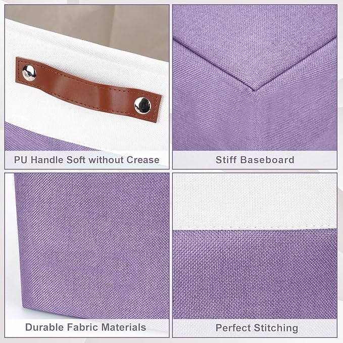 Collapsible Fabric Storage Cubes 11x11 Cube Storage Bins, 4 Pack Closet Baskets Box with Handles for Organizing, Shelf, Toys, Clothes, Home, Office, Nursery (Purple&White)