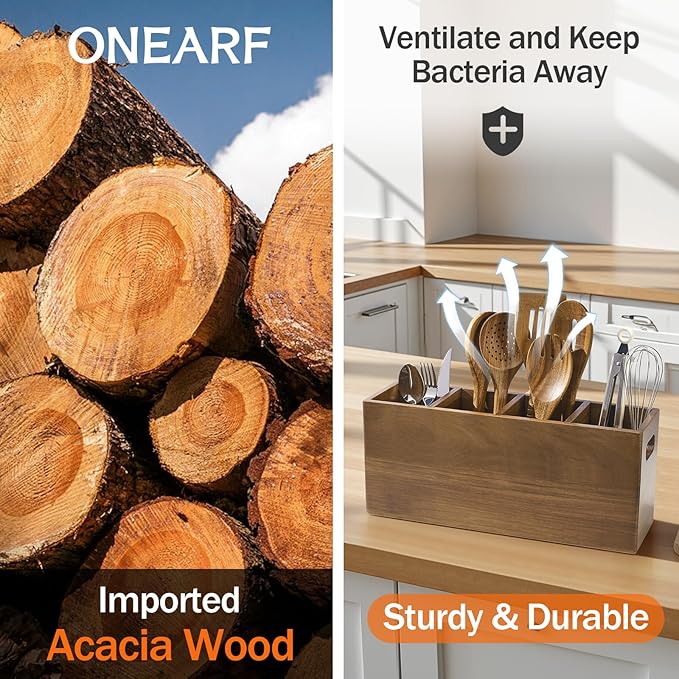 ONEARF Wooden Utensil Holder Counter, Kitchen Utensil Organizer Large 4 Compartment Cooking Utensils Holder, Acacia Rustic Wood Farmhouse Storage Container Crocks for Silverware and Cooker Set