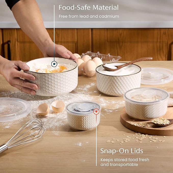KooK Serving Bowls, with Lids, Ceramic Mixing Bowls, Nesting, Set of 4, Embossed, Kitchen, Prep, Stackable, Mix, Gift, Microwave and Dishwasher Safe, 10/16/29/47 oz, Narbonne Collection (Ivory)
